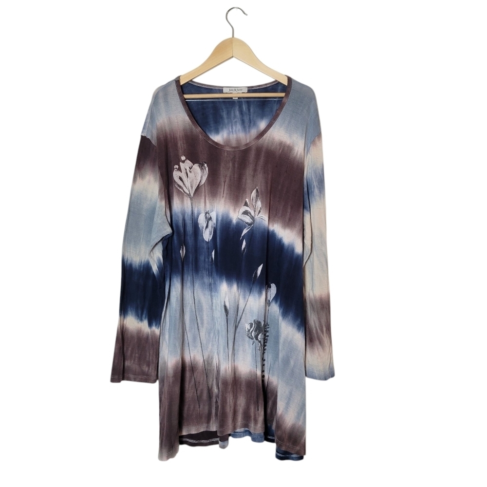 Jess &‎ Jane Floral Tunic Top 2X Brown Blue Tie Dye Artsy Boho Long Art To Wear